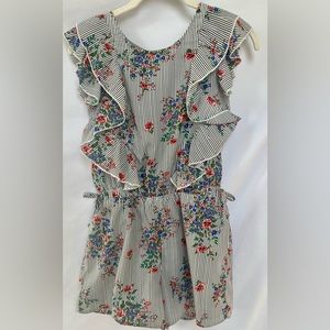 Floral romper Truly Me by Sara Sara girls L; ruffle sleeves, back button closure